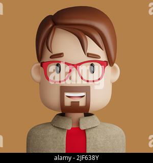 3D illustration of bearded man. Cartoon close up portrait of smiling man on a brown background. 3D Avatar for ui ux. Stock Photo