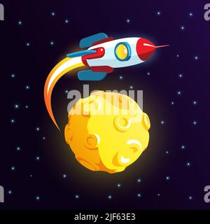 Rocket flies around the moon - cartoon style Stock Vector