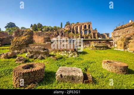 The Roman Forum (latin name Forum Romanum), plaza of the ancient roman ruins at the center of the city of Rome, Italy, Europe. Stock Photo
