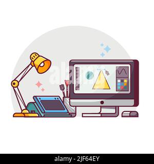 Graphic Design Workspace Scene in Line Art Stock Vector