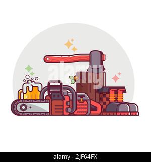 Woodcutting Line Art Scene with Logger Equipment Stock Vector