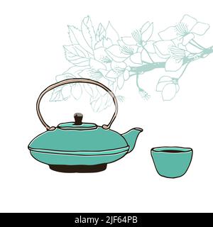 Chinese cast iron teapot and small tea cup with cherry tree flower, vector illustration isolated on white background Stock Vector