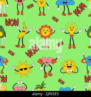 Retro psychedelic seamless patterns, groovy backgrounds. Vector hippy pattern with 70s, 80s vibes groovy elements funny comic characters, gloved hands Stock Vector