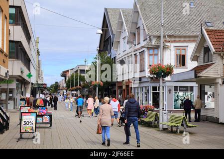 HAUGESUND, NORWAY - JULY 22, 2020: Pedestrianized street view of Haugesund city in Norway. Haugesund is a town in Rogaland region established in 1855. Stock Photo