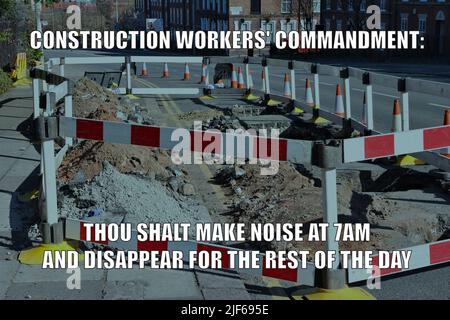 Construction works noise funny meme for social media sharing. Construction worker problems. Stock Photo
