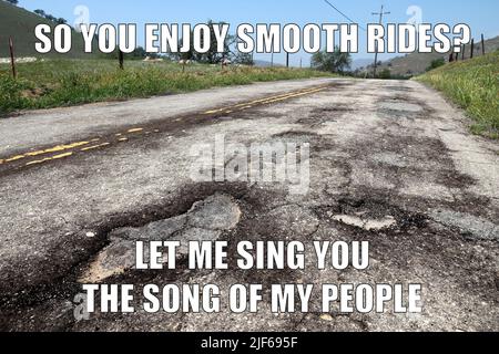 Road infrastructure damage funny meme for social media sharing. Road potholes and maintenance joke. Stock Photo