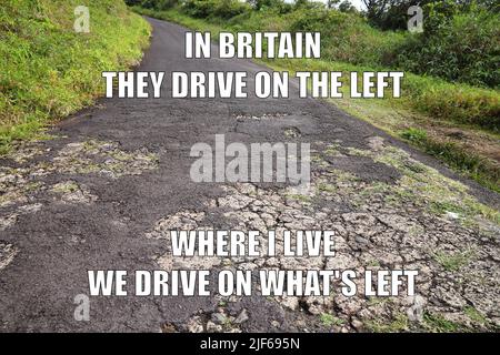 Road quality funny meme for social media sharing. Road potholes and maintenance joke. Stock Photo