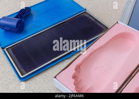 tools for measuring human feet for making orthopedic insoles Stock Photo