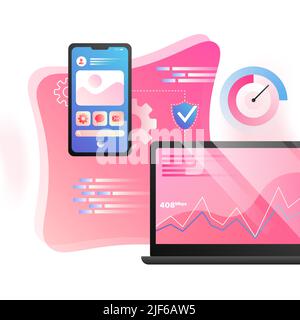 Network Security Illustration. Pink Detailed Elements, VPN, Laptop Desktop, Settings. Vector illustration Stock Vector