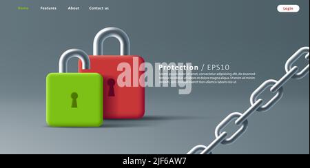 Web banner security with 3d padlock and steel chain. Vector illustration Stock Vector