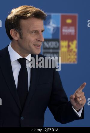 Madrid, Spain, June 30, 2022, France's President Emmanuel Macron arrives for the NATO summit at the Ifema congress centre in Madrid, on June 30, 2022. Photo by Eliot Blondet/ABACAPRESS.COM Stock Photo