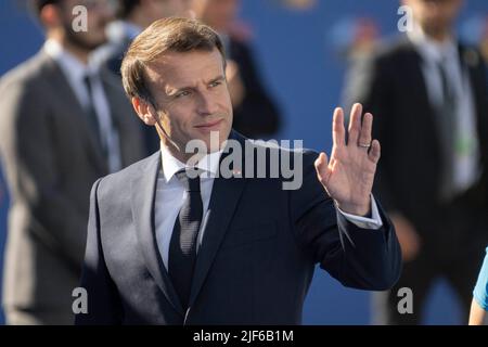 Madrid, Spain, June 30, 2022, France's President Emmanuel Macron arrives for the NATO summit at the Ifema congress centre in Madrid, on June 30, 2022. Photo by Eliot Blondet/ABACAPRESS.COM Stock Photo