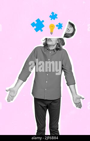 Vertical collage illustration of guy black white effect shrug shoulders open head puzzle pieces light bulb contemplate ponder Stock Photo