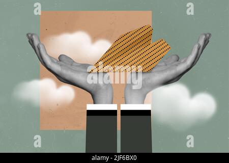 Composite collage illustration of human hands black white gamma hold paper aircraft isolated on creative background Stock Photo
