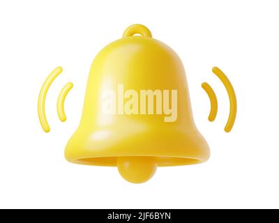 Notification bell icon 3d render - cute cartoon illustration of simple yellow bell for reminder or notice concept. Stock Photo