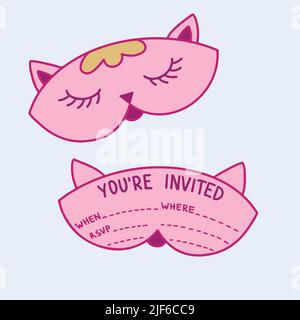 Invitation template for Pajama party. Cute pink kitty shape eye mask. Stock Vector