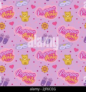 Slumber party seamless pattern with lettering and party elements. Stock Vector