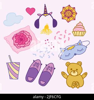 Set of items for Pajama party, isolated on pink background. Stock Vector