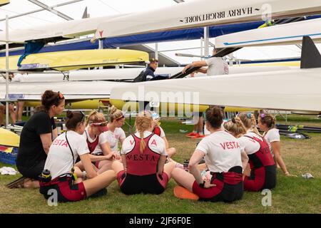 Henley, Oxfordshire, England, UK 29 June 2022 Day at Henley Royal Regatta. Rowing teams prepare their boats, engage in team talks and launch