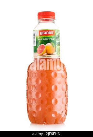 LONDON,UK - MAY 20, 2022: Bottle of Granini Pink Grapefruit juice on white. Stock Photo