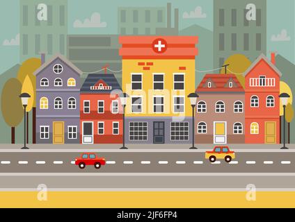 city building houses view skyline background real estate cute town concept horizontal banner flat vector illustration Stock Vector