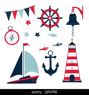 Marine icons. Anchor, fish, lighthouse, flags, ship, bell, compass Stock Vector