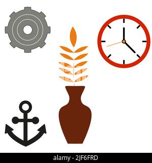 set of vector drawings gear, clock, anchor, vase Stock Vector