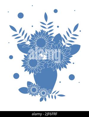Bouquet of sunflowers and leaves in a flower vase. Vector illustration. Stock Vector