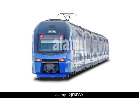 Creative abstract railroad travel and railway tourism transportation industrial concept: red modern high speed passenger commuter train isolated on wh Stock Photo