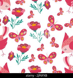 Colorful birds seamless pattern. Exotic birds in different print poses. Vector illustration Stock Vector