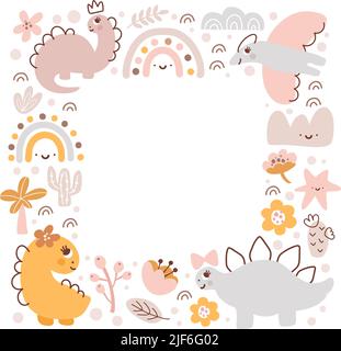 Square Vector dino girl frame with dinosaurs and hand drawn flowers, palm, rainbow and cactus with place for your text. Greeting card, poster design Stock Vector