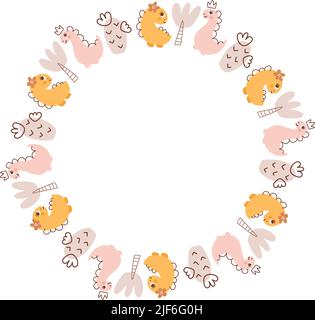 Circle Vector dino princess girl frame with dinosaurs and hand drawn flowers and cactus with place for your text. Greeting card, poster design Stock Vector