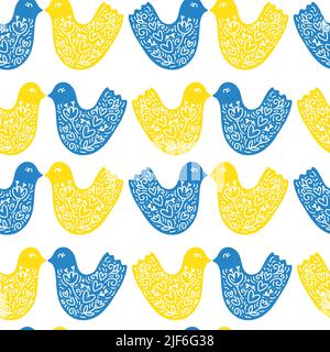 Vector ukrainian seamless pattern with Funny yellow and blue chickens bird on white background. Illustration for design, baby textile and print Stock Vector