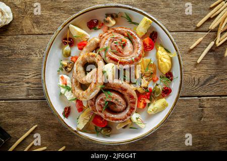 Top view on portion of grilled sausages  Stock Photo