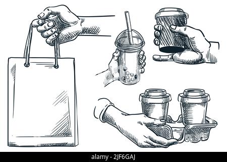 Take away food and drink packs set. Human hand holding cardboard coffee cups and paper bag. Food delivery service design element. Vector hand drawn sk Stock Vector