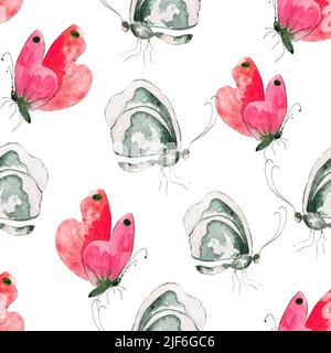 Hand drawn watercolor seamless pattern. Bright colorful realistic butterflies and flowers .Mixed media Stock Photo