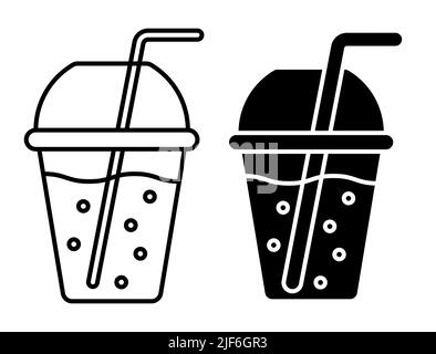 Linear icon, glass of smoothie with straw and lid. Refreshing fruit drinks in hot summer. Simple black and white vector isolated on white background Stock Vector