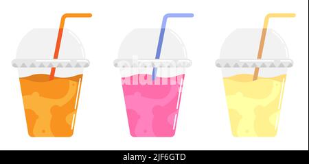 Glass of orange, raspberry and pear smoothie with straw and lid. Refreshing fruit drinks in hot summer. Cartoon vector isolated on white background Stock Vector