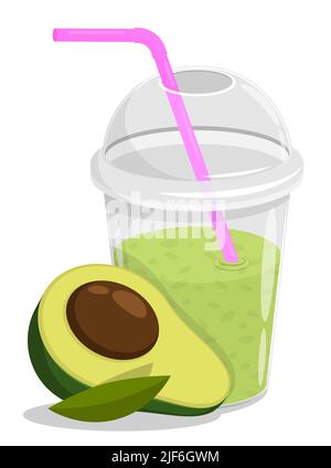 Smoothie glass with straw half an avocado. Refreshing fruit drinks in hot summer. Cartoon vector isolated on white background Stock Vector