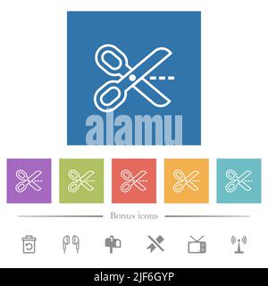 Cut with scissors outline flat white icons in square backgrounds. 6 bonus icons included. Stock Vector