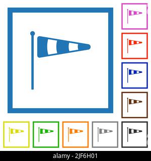 Windsock indicator solid flat color icons in square frames on white background Stock Vector