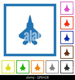 Jet fighter silhouette flat color icons in square frames on white background Stock Vector