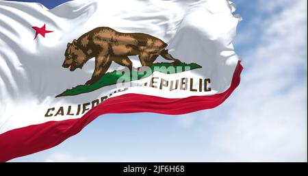 Close-up view of the California flag waving. California is a federated state of the United States located in the South West Coast Stock Photo