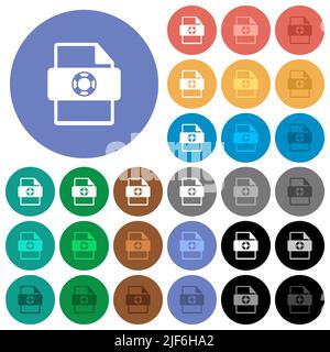 Help file type multi colored flat icons on round backgrounds. Included white, light and dark icon variations for hover and active status effects, and Stock Vector