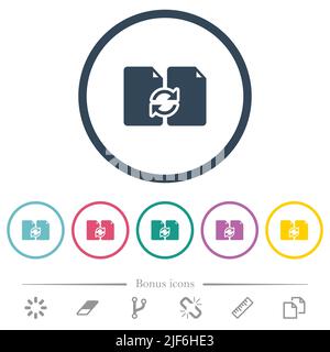 Swap documents solid flat color icons in round outlines. 6 bonus icons included. Stock Vector