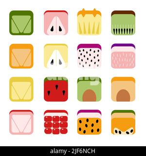 Abstract fruit icons set. Square shaped cube block fruits. Watermelon, citrus pomegranate kiwi apple pear, dragon fruit, avocado plum, pineapple, peach, passion fruit, fig, papaya vector illustration Stock Vector