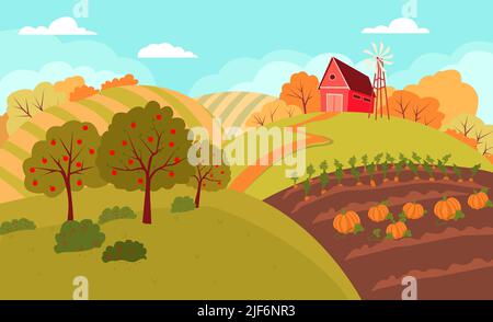 Autumn rural landscape with rolling hills and fields. Field farmland countryside. Stock Vector