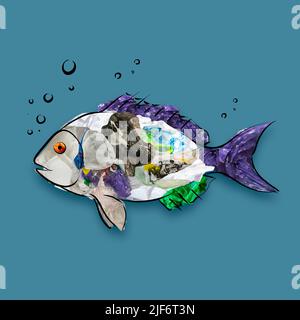 Contemporary conceptual art collage with drawn fish dolphin filled with ...