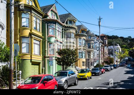 San Francisco,California,USA - April 18, 2022 : Colorful row houses in Ashbury street Stock Photo