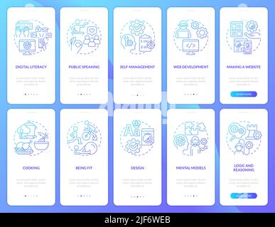 Important life skills blue gradient onboarding mobile app screen set Stock Vector